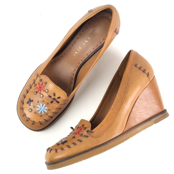 Gianni Bini Lander Leather Slip-on Wedge Heel Whipstitch Studded Loafer Tan - Picture 9 of 16